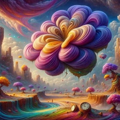 The primary subject of the image is a large, colorful, and whimsical sculpture of a flower or a cloud, which is floating in the air. The setting is a surreal landscape with a clock, a person, and a pink tree. The visual style is a combination of digital art and illustration, creating a vibrant and imaginative scene. The dominant colors are pink, purple, and yellow, giving the image a cheerful and whimsical atmosphere.